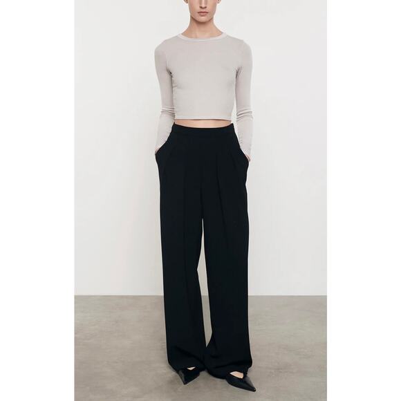 ENZA COSTA Crepe Essential Trouser Pants Womens Small Black Pleated Wide Leg NEW